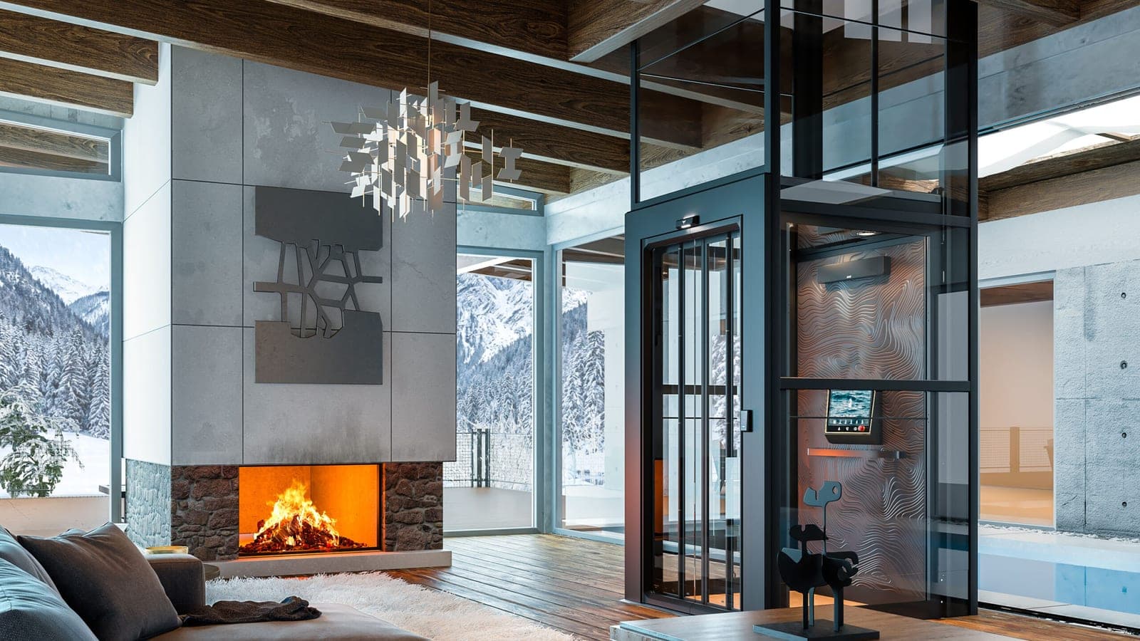 Cibes Antera home elevator in a black-framed glass shaft that rises through an opening in a wood-beamed ceiling. The cab is behind a glass door, with a patterned rear wall and a wall-mounted touchscreen panel. A living room with a fireplace is to the left.