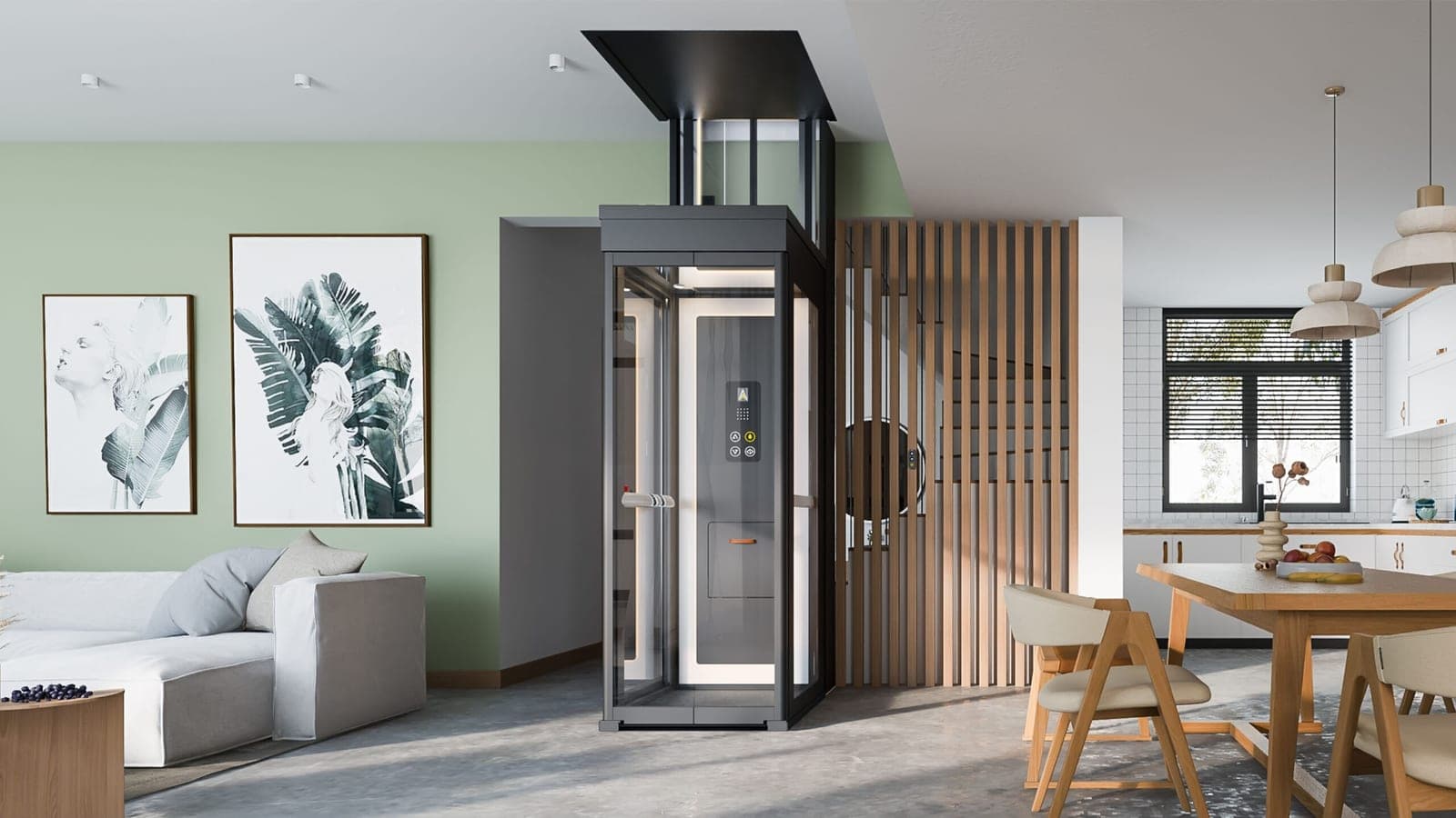 Cibes Ascenda shaftless home elevator in an open living and dining room: a glass car with a dark frame and car control panel at the lower floor, with its glass tower rising to a framed opening in the ceiling above.
